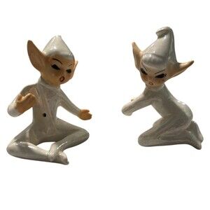 Pair 1950's Holt Howard Christmas Ceramic Pixie Elf Candle Climbers